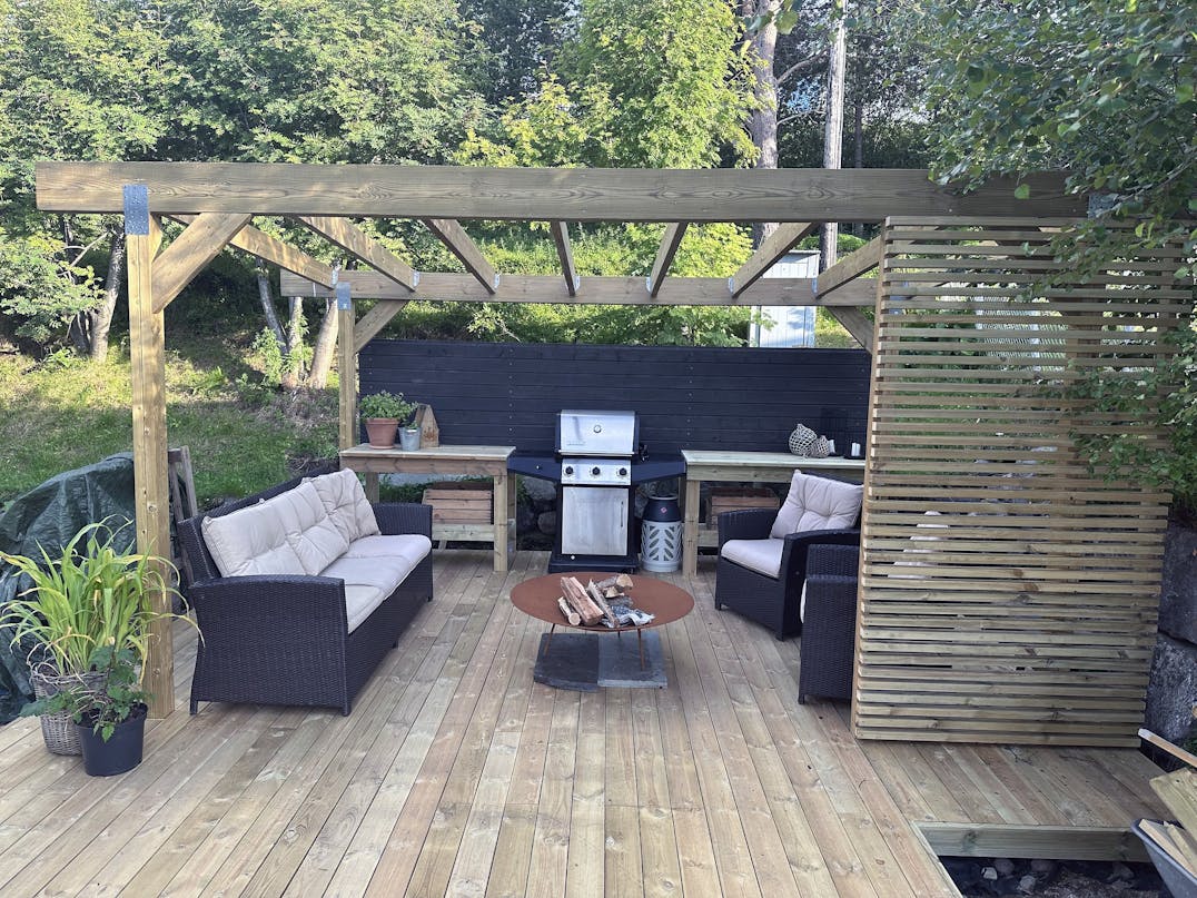 Overdækket terrasse med lounge og udekøkken Overdækket terrasse med lounge og udekøkken